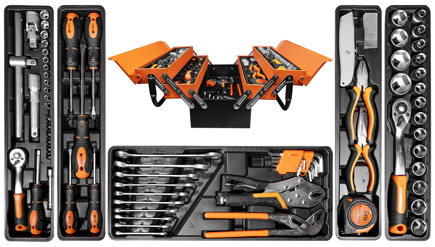 Orange-schwarzer Werkzeugkoffer aus Metall in geöffneter Ansicht mit ausklappbaren Fächern, die verschiedene Werkzeuge enthalten. Darunter einzeln ausgelegte Einsätze mit Schraubendrehern, Steckschlüsseln, Ratschen, Gabelschlüsseln, Zangen, Maßband, Cutter, Inbusschlüsseln und weiterem Werkzeug