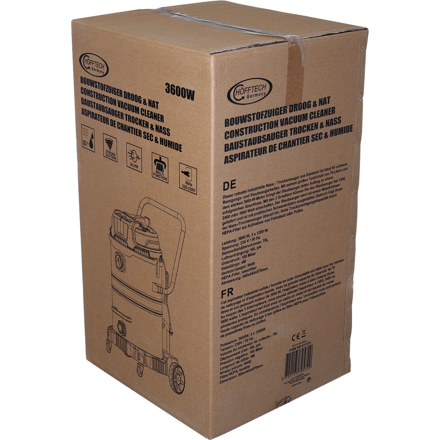 Verpackung des Hofftech Industriestaubsaugers (3600W) mit Produktbeschreibung in mehreren Sprachen und Symbolen für Funktionen wie Blasfunktion und HEPA-Filter