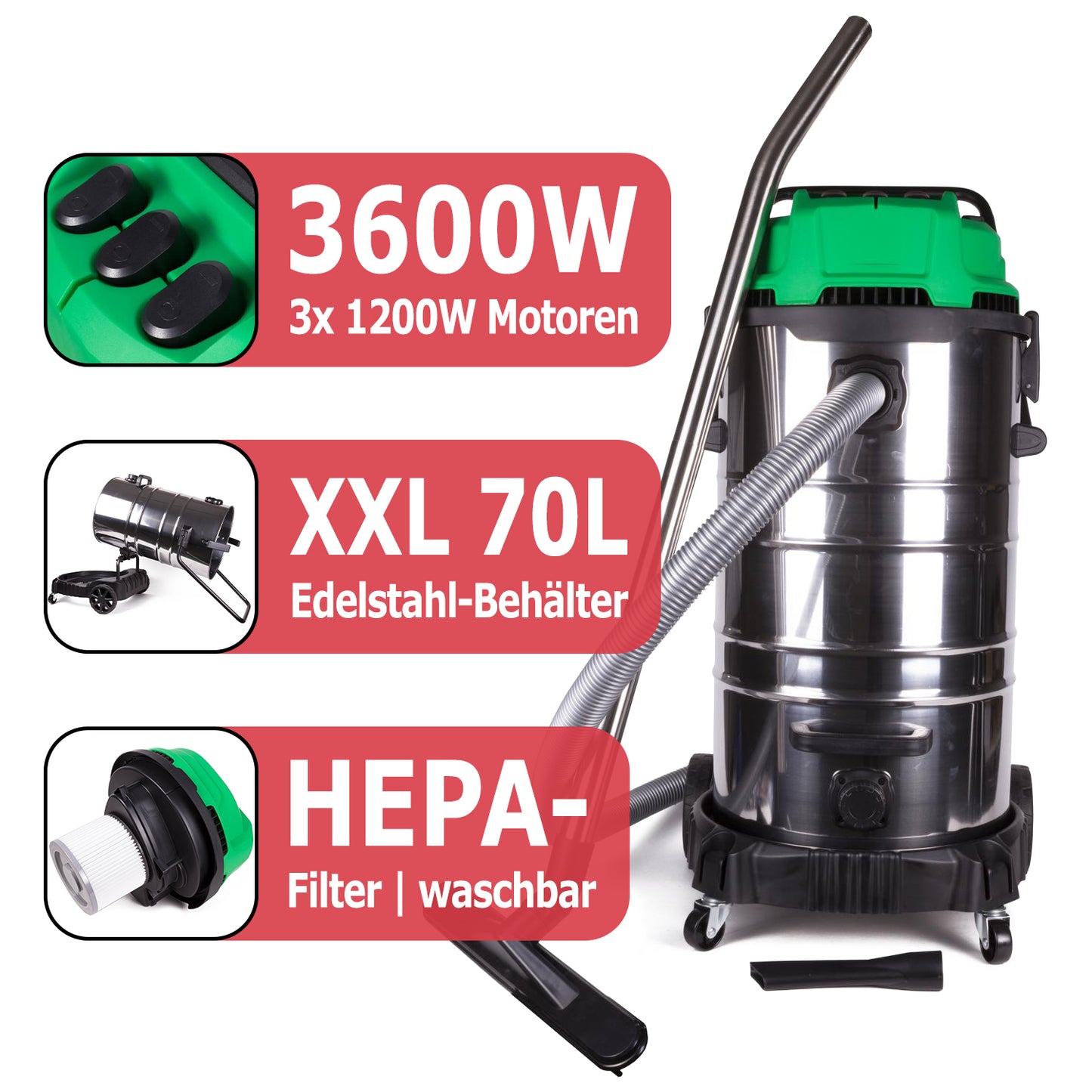 Industriesauger mit grünem Deckel, Edelstahlbehälter (70 L) und Schlauch mit Metallrohr. Auf dem Boden liegt eine Fugendüse. Drei Infofelder zeigen: 3600 W mit 3 Motoren, XXL-Edelstahlbehälter und waschbarer HEPA-Filter.