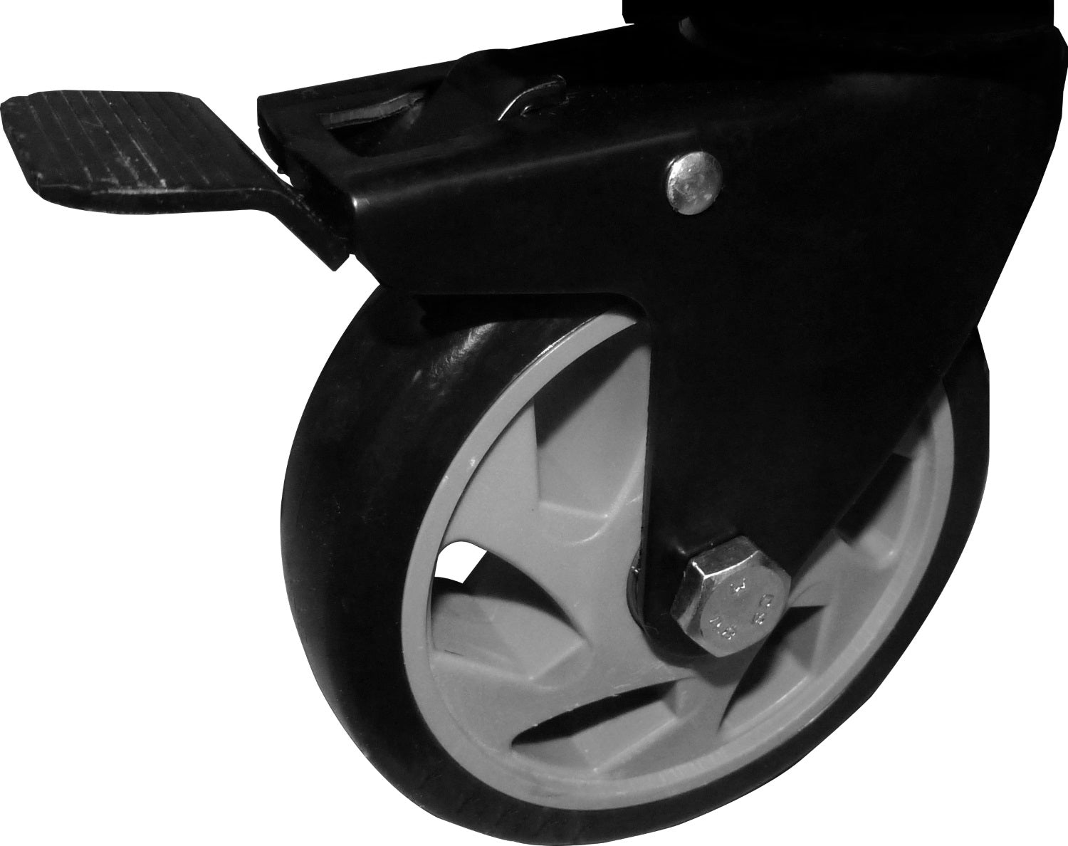 Nahaufnahme einer Werkzeugwagenrolle mit Feststellbremse: Graues Rad mit schwarzem Gummi und schwarzer Metallhalterung, daran ein geriffelter Bremspedalhebel zur Arretierung