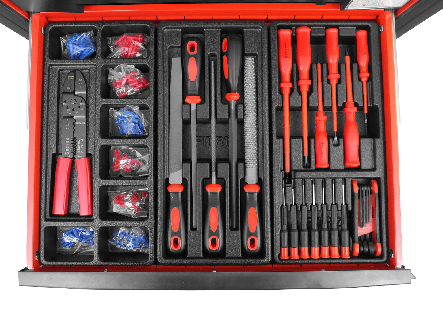 Elektriker-Set in Schublade mit Crimpzange, verschiedenen Aderendhülsen, Feilen, VDE-Schraubendrehern und kleinen Feinmechaniker-Schraubendrehern