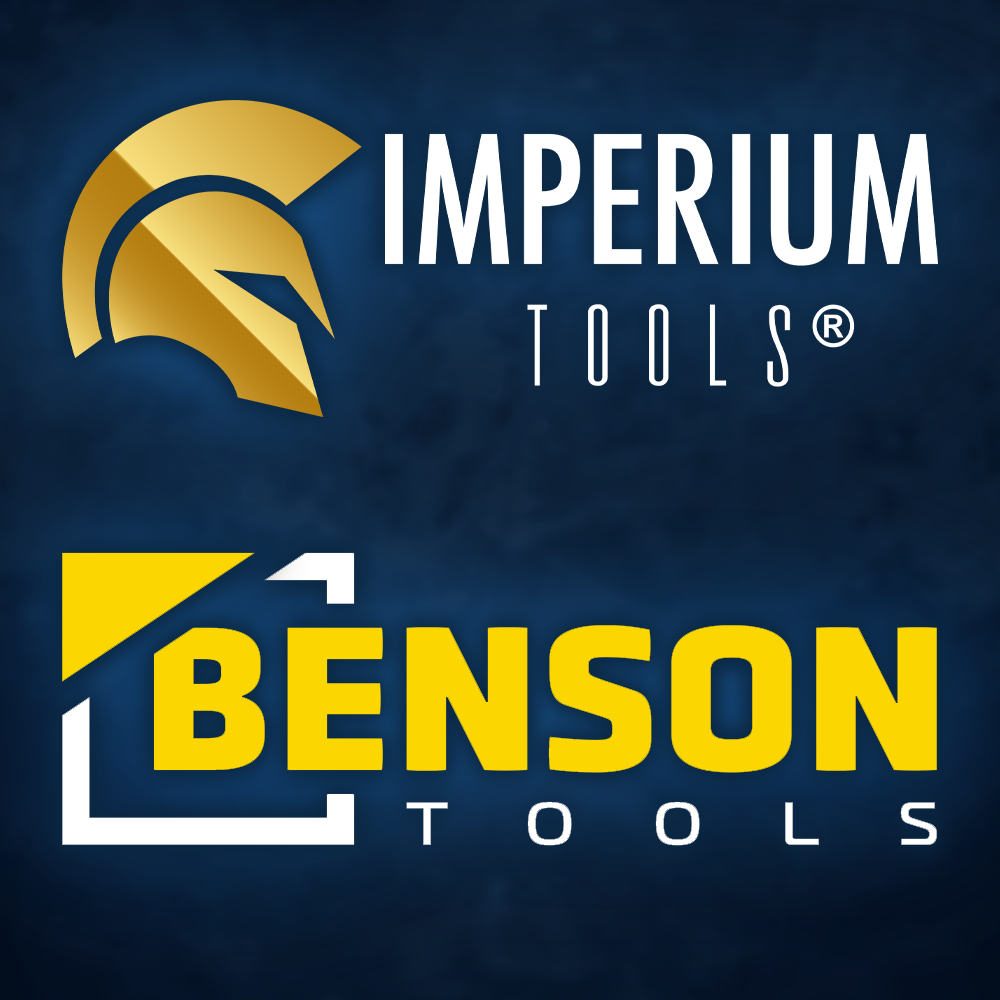Logos der Werkzeugmarken Imperium Tools (oben mit goldfarbenem Helm) und Benson Tools (unten in Gelb-Weiß auf blauem Hintergrund) in geteiltem Layout