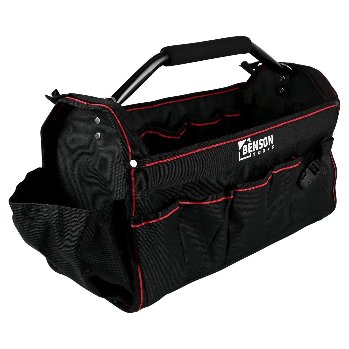 Seitenansicht einer schwarzen Werkzeugtasche mit mehreren Fächern und Außentaschen, sichtbarem Griff und Markenaufdruck „Benson Tools“.