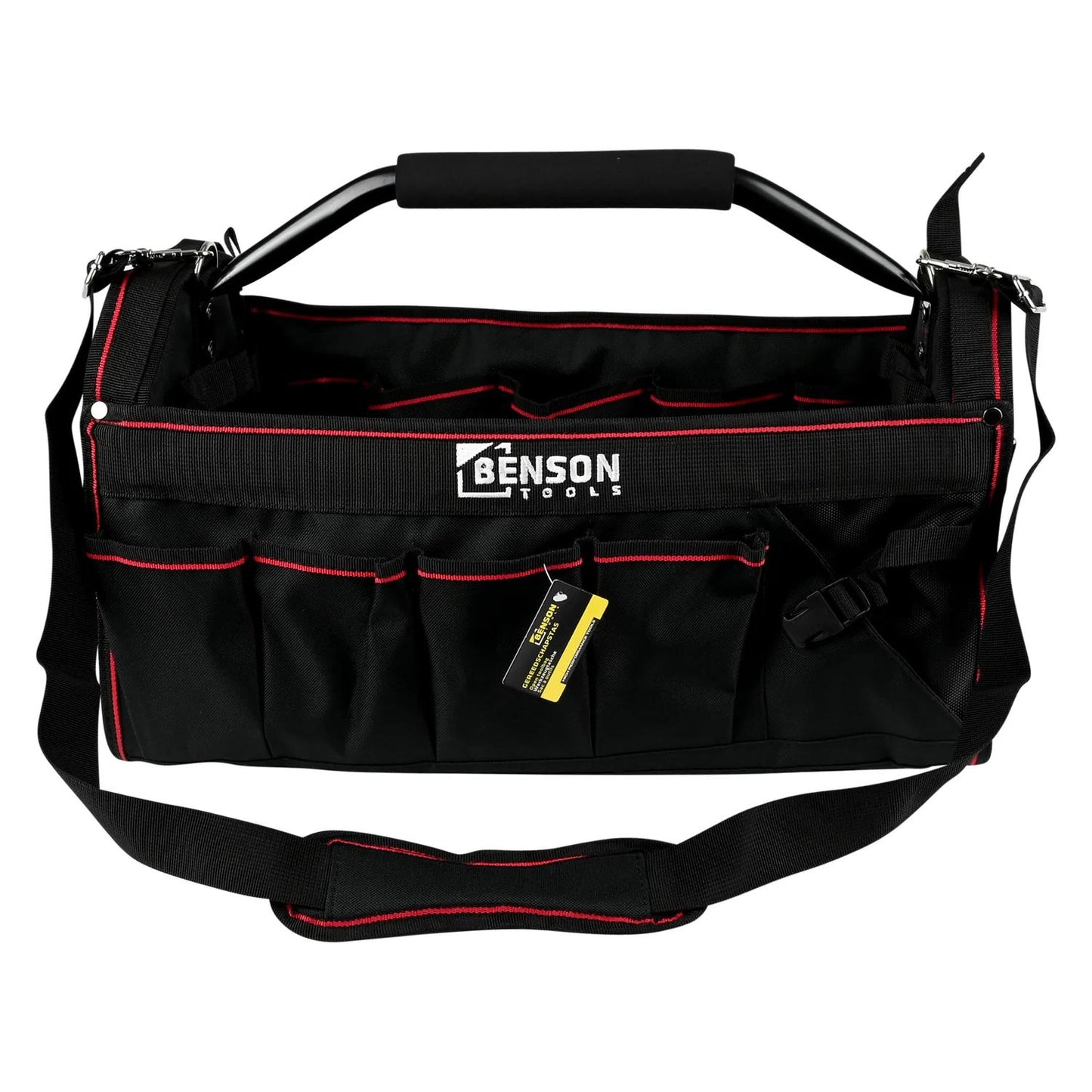 Werkzeugtasche mit „Benson Tools“-Logo, Schultergurt und Etikett, schwarze Ausführung mit roten Nähten und Griff.