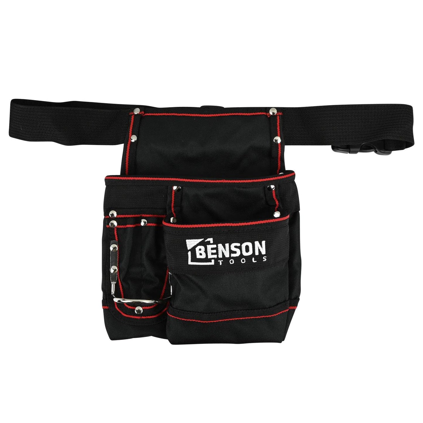 Vorderansicht einer schwarzen Werkzeuggürteltasche mit roten Nähten, verstellbarem Gurt und silberner Halterung an der linken Seite, vorn mit „Benson Tools“-Logo.