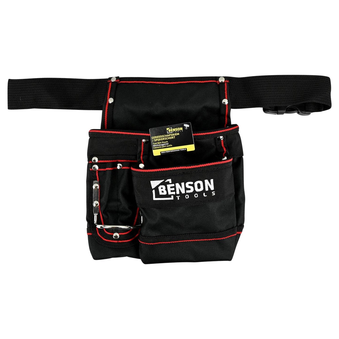 Frontansicht der Werkzeuggürteltasche mit gelb-schwarzem Etikett „Benson Tools“, mehreren Fächern und silberner Werkzeughalterung links.
