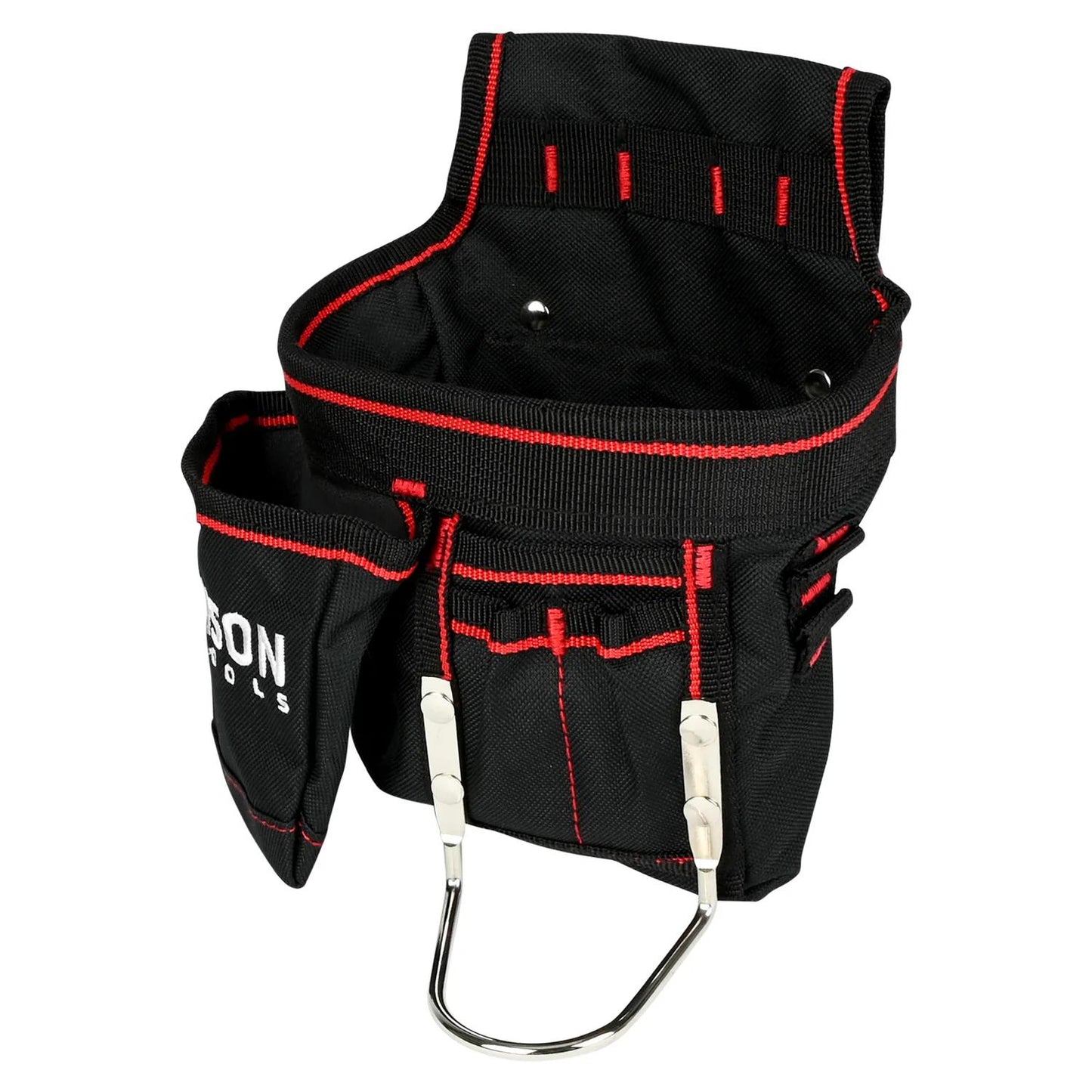 Seitlich aufgenommene Werkzeuggürteltasche mit mehreren Fächern und roter Ziernaht, unten eine silberne Halterung für Hammer oder Werkzeug.