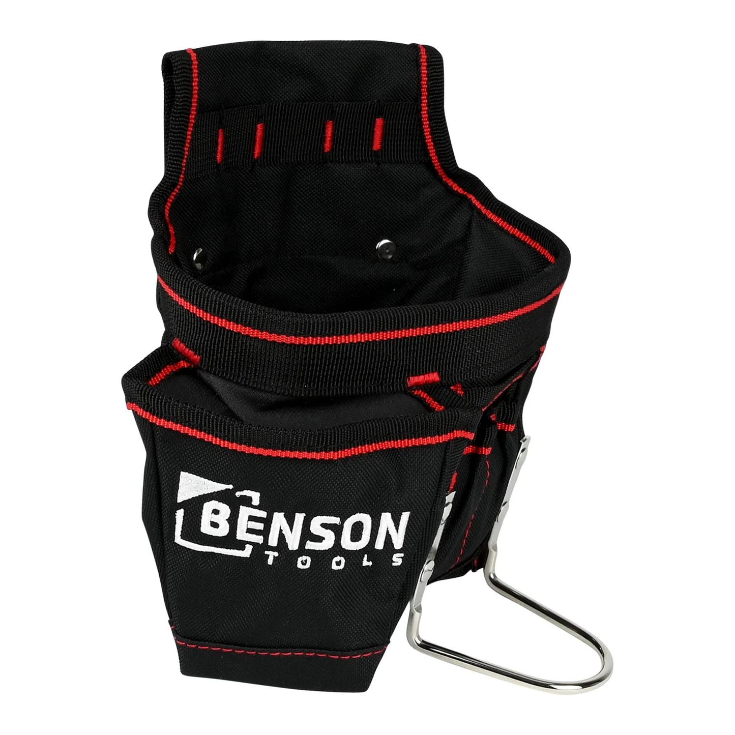 Werkzeuggürteltasche in leicht seitlicher Frontansicht mit aufgesticktem „Benson Tools“-Logo, roten Nähten und Metallbügel zur Werkzeugaufnahme.