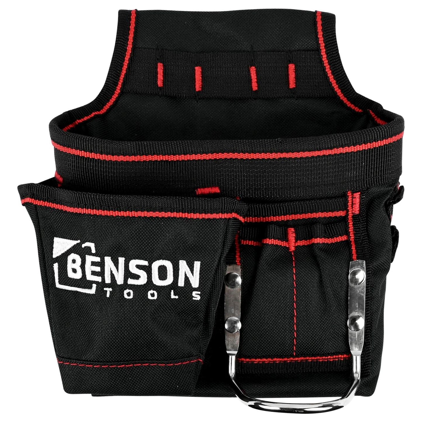Vorderansicht einer schwarzen Werkzeuggürteltasche mit roten Nähten, Logo „Benson Tools“ und silberner Hammerschlaufe unten.