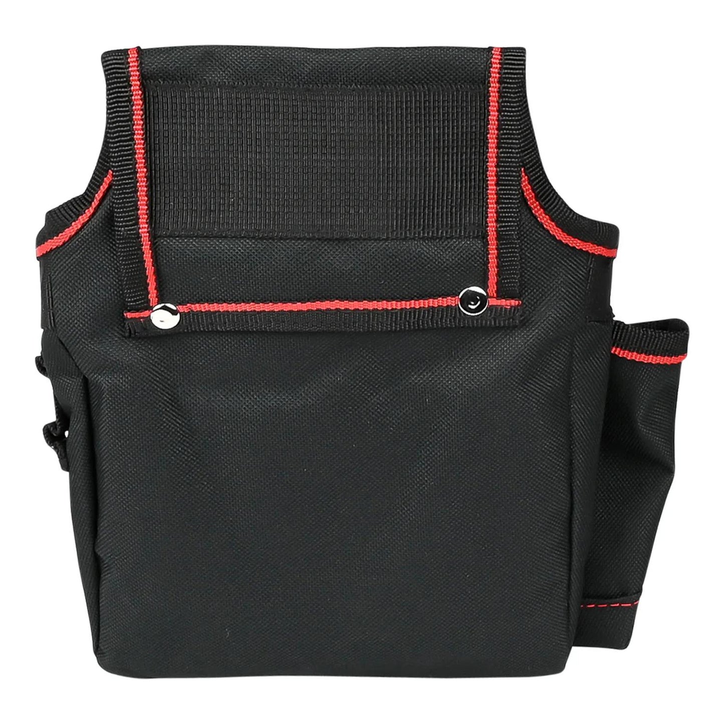 Rückansicht der schwarzen Werkzeuggürteltasche mit roter Ziernaht und breiter Gürtelschlaufe oben.