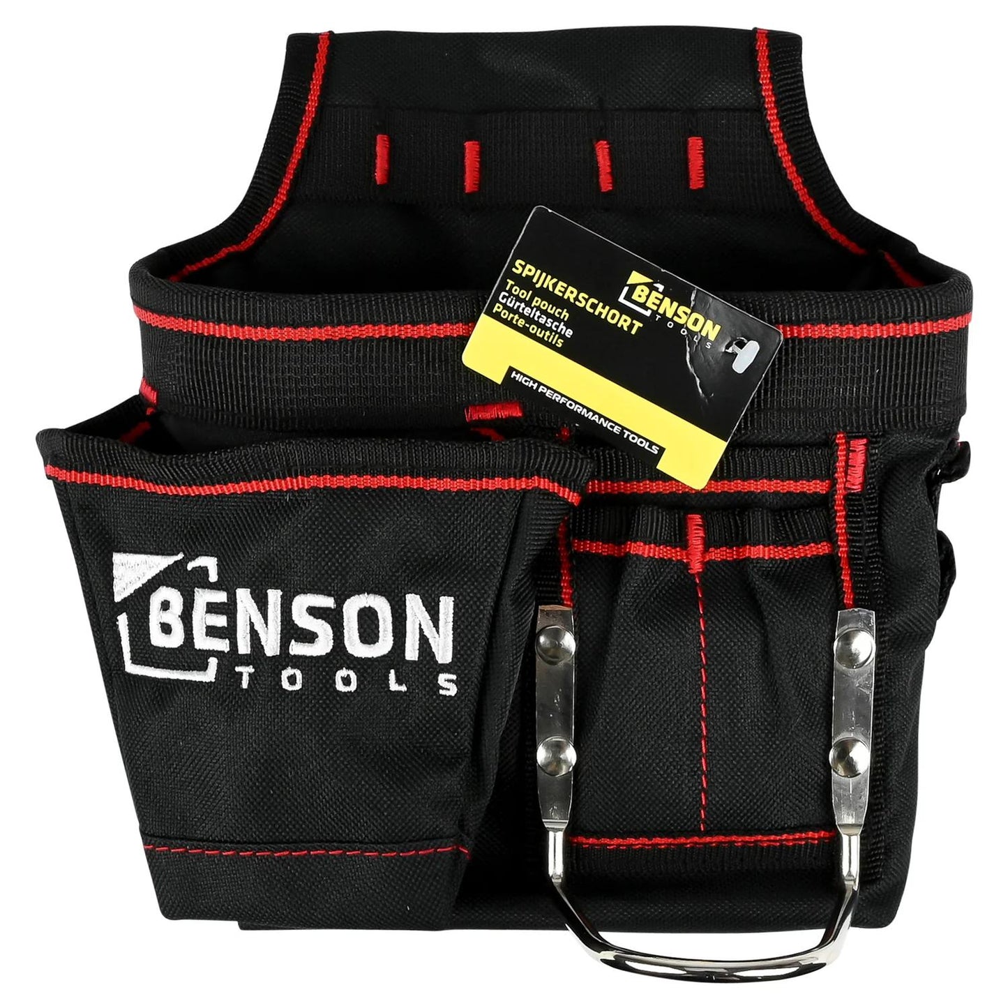 Werkzeuggürteltasche mit gelb-schwarzem Etikett „Benson Tools“ in der Fronttasche, roten Nähten und silberner Halterung unten.