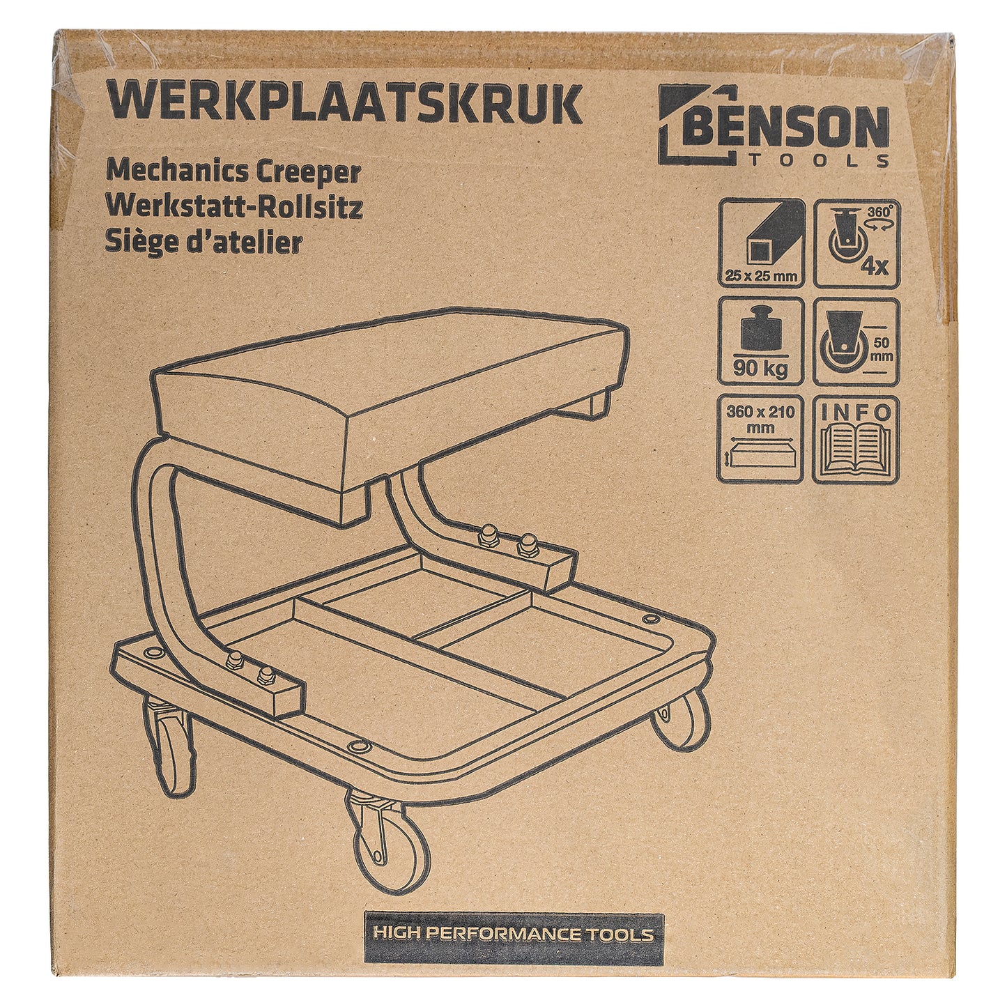 Verpackung des Werkstatthockers aus brauner Pappe mit schwarzer Linienzeichnung des Produkts und technischen Symbolen auf der Vorderseite.