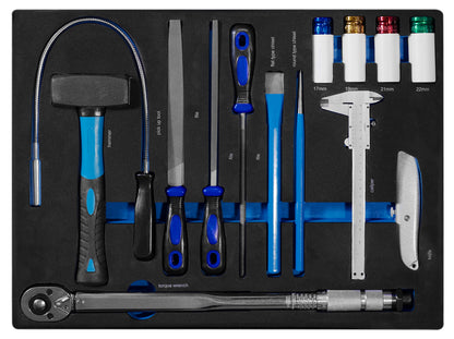 Schaumstoffeinlage mit Hammer, Pick-up-Tool, Feilen, Meißeln, Drehmomentschlüssel, Messschieber, Teppichmesser und vier farblich markierten Stecknüssen