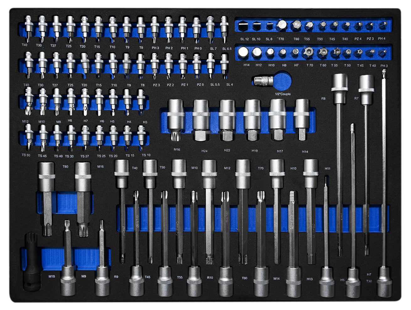 Großer Bit- und Steckschlüsselsatz mit spezialisierten Einsätzen (z. B. Torx, Inbus, Schlitz, Kreuz). Die Einsätze sind in einer rechteckigen Schaumstoffeinlage mit blauen Halterungen ordentlich sortiert und beschriftet. Die Anordnung ist in mehreren horizontalen Reihen