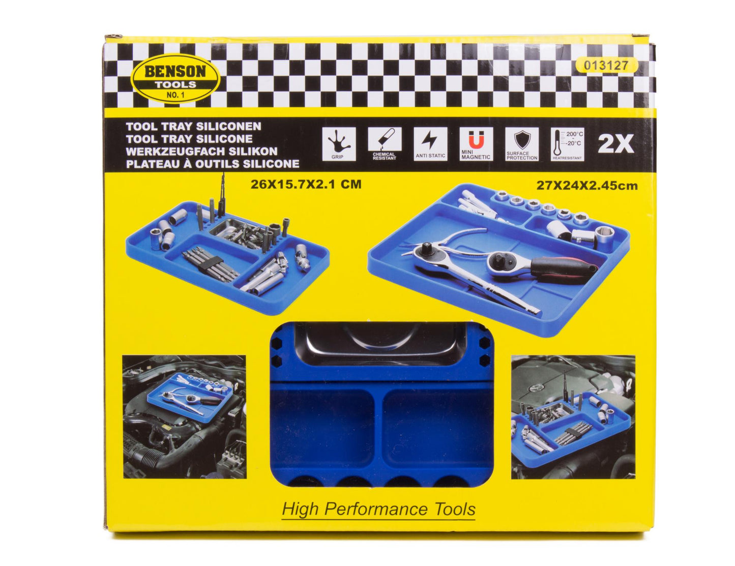 Verpackung eines 2er-Sets Silikon-Werkzeugmatten von Benson Tools, mit Produktabbildungen und Eigenschaften wie antistatisch, hitzebeständig und chemikalienresistent