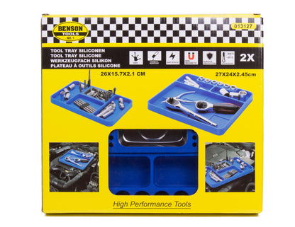 Verpackung eines 2er-Sets Silikon-Werkzeugmatten von Benson Tools, mit Produktabbildungen und Eigenschaften wie antistatisch, hitzebeständig und chemikalienresistent
