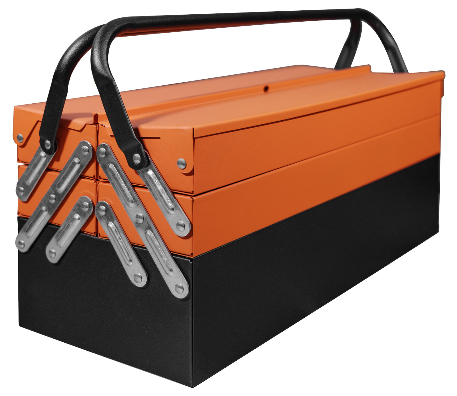 Geschlossener Metall-Werkzeugkoffer in Orange und Schwarz mit seitlichen Tragegriffen