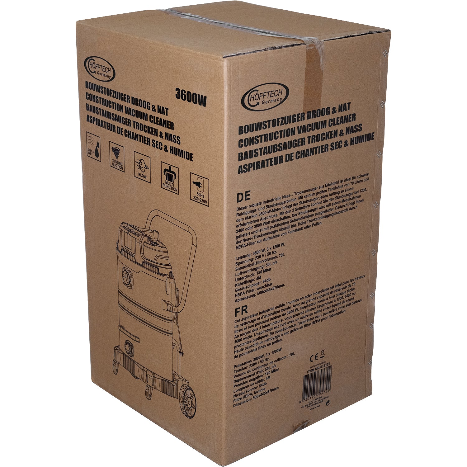Verpackung des Hofftech Industriestaubsaugers (3600W) mit Produktbeschreibung in mehreren Sprachen und Symbolen für Funktionen wie Blasfunktion und HEPA-Filter