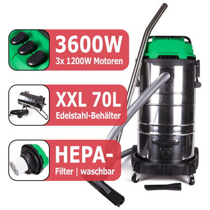 Industriesauger mit grünem Deckel, Edelstahlbehälter (70 L) und Schlauch mit Metallrohr. Auf dem Boden liegt eine Fugendüse. Drei Infofelder zeigen: 3600 W mit 3 Motoren, XXL-Edelstahlbehälter und waschbarer HEPA-Filter.