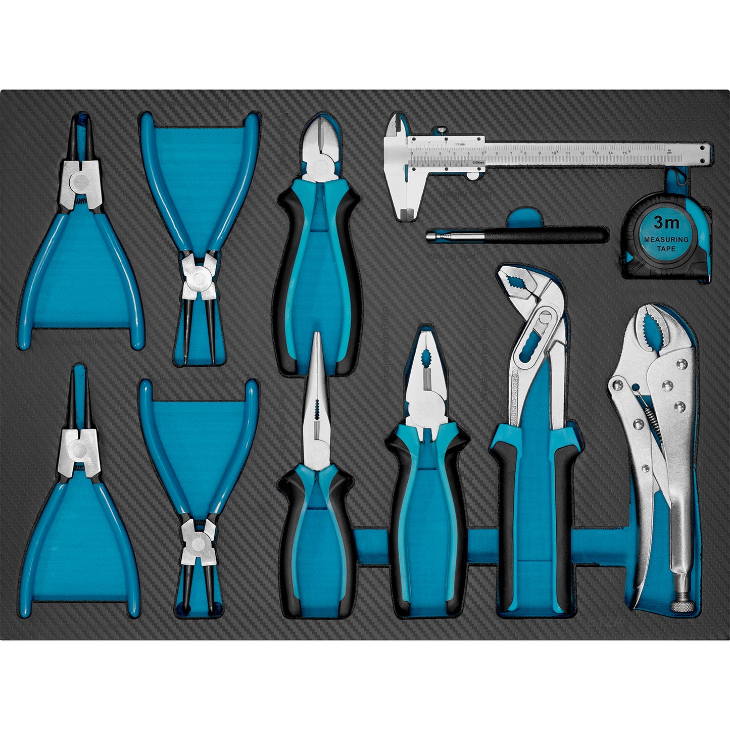 Sortiertes Zangen- und Messwerkzeug-Set inklusive Messschieber, Maßband und Cutter, in passgenauer Schaumstoffeinlage