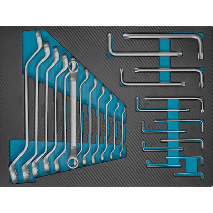 Winkelschlüssel- und Ringschlüssel-Set, sauber eingeordnet in passgenauer Schaumstoffeinlage