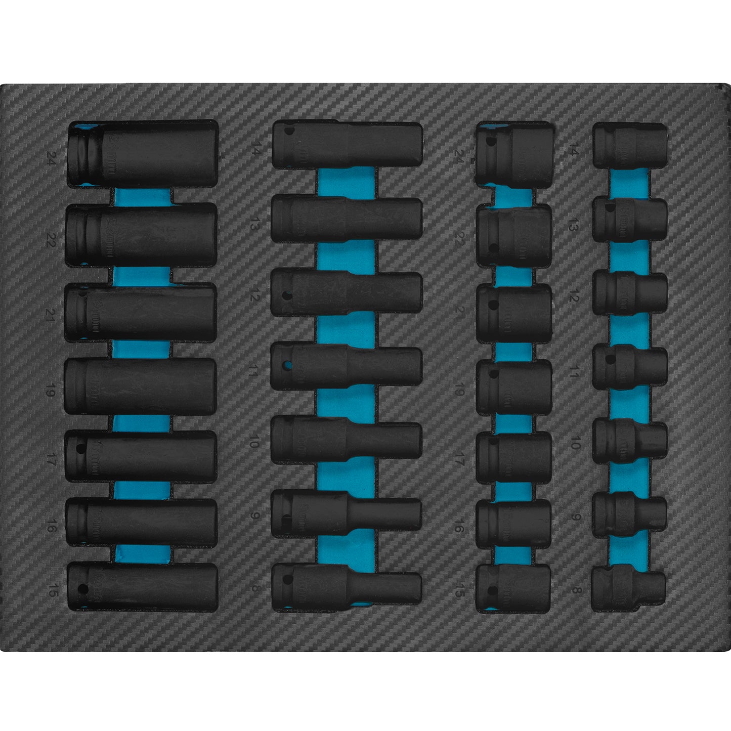 Set aus verschiedenen Schlag-Stecknüssen in passgenauer Schaumstoffeinlage, übersichtlich nach Größe sortiert