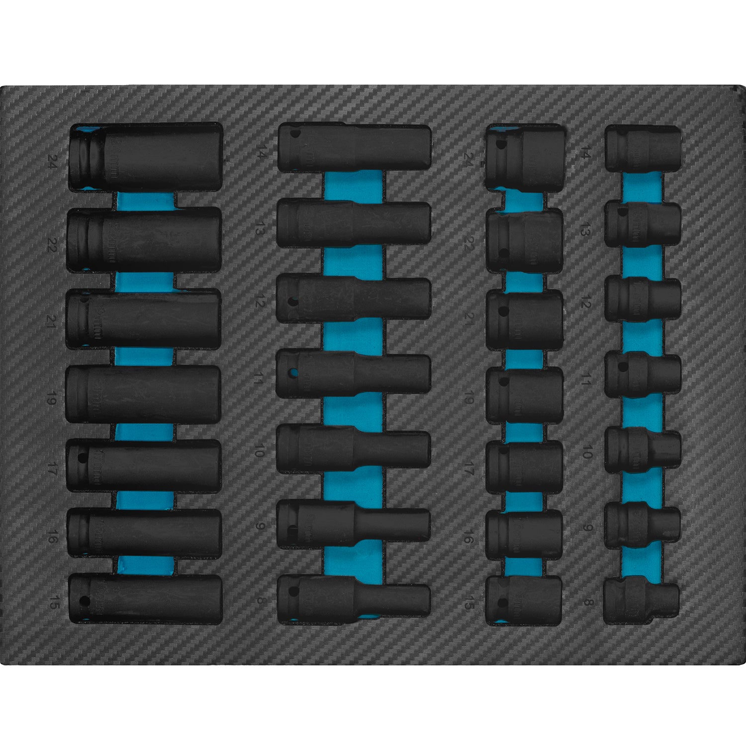 Set aus verschiedenen Schlag-Stecknüssen in passgenauer Schaumstoffeinlage, übersichtlich nach Größe sortiert
