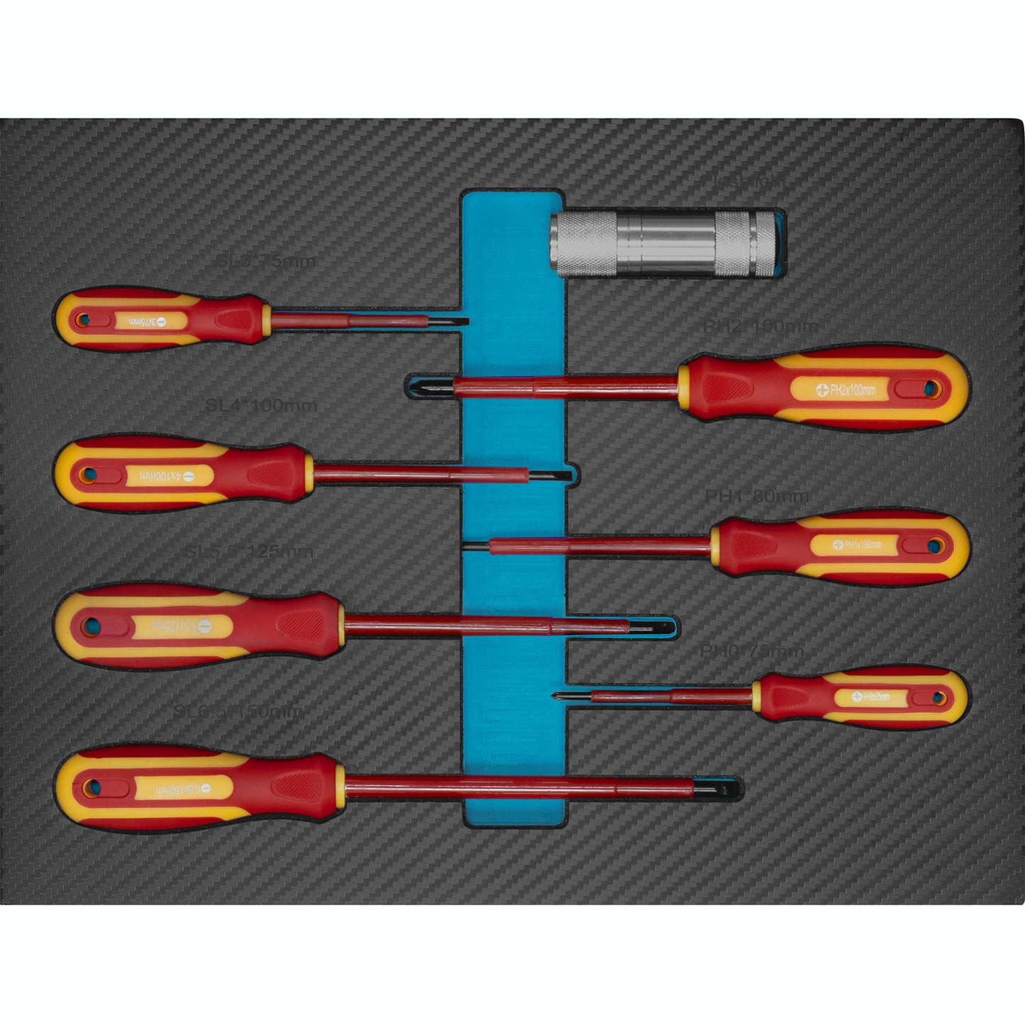 Isoliertes Schraubendreher-Set mit Spannungsprüfer in passgenauer Schaumstoffeinlage