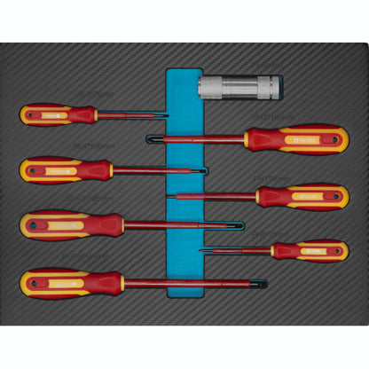 Isoliertes Schraubendreher-Set mit Spannungsprüfer in passgenauer Schaumstoffeinlage