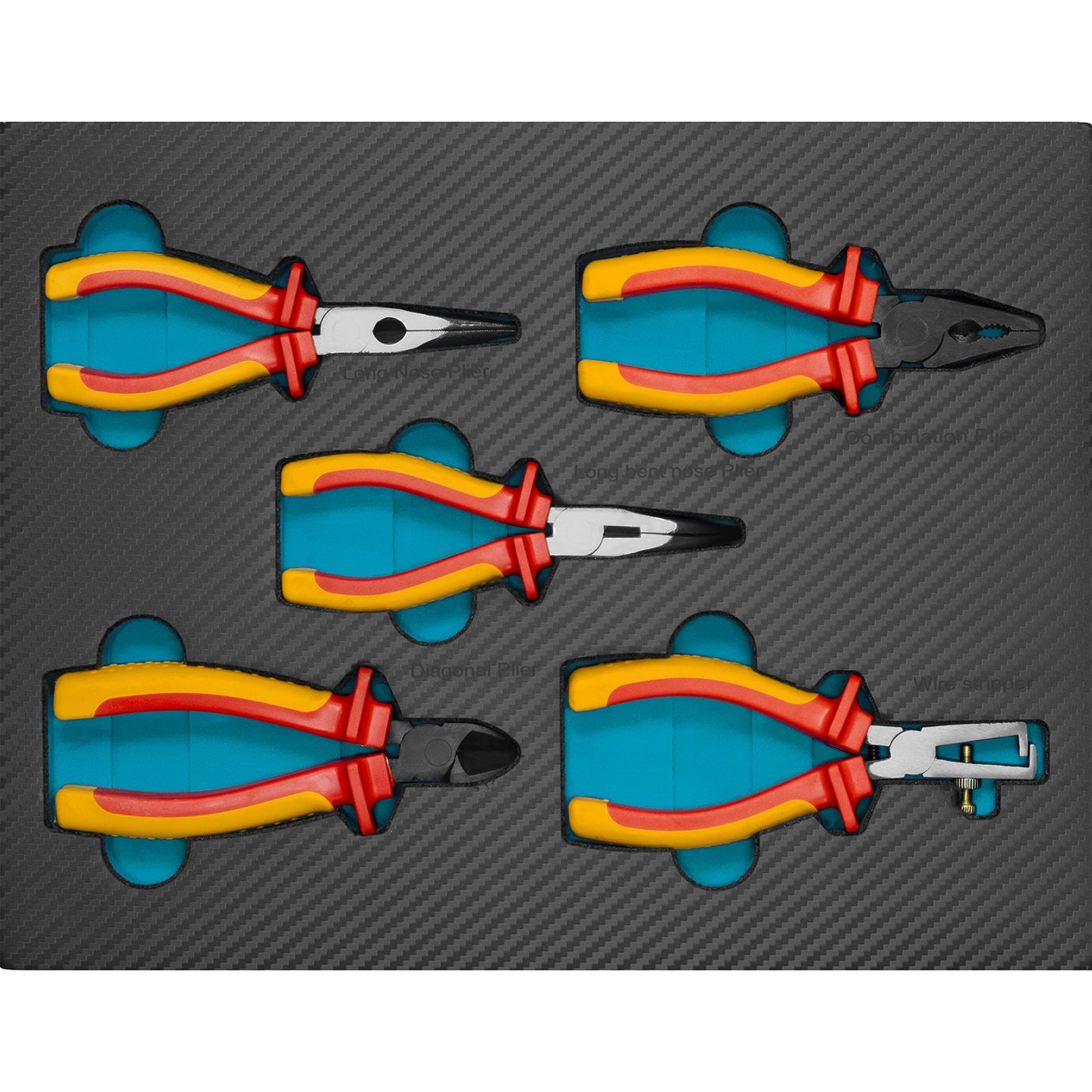 Isoliertes Zangenset mit fünf verschiedenen Zangen, darunter Kombi-, Seitenschneider- und Abisolierzange, in passgenauer Schaumstoffeinlage