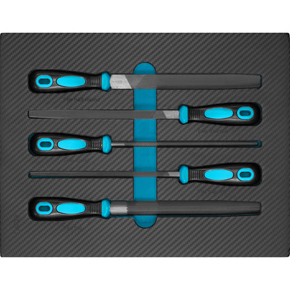 Feilenset mit fünf verschiedenen Metallfeilen, sauber eingeordnet in passgenauer Schaumstoffeinlage