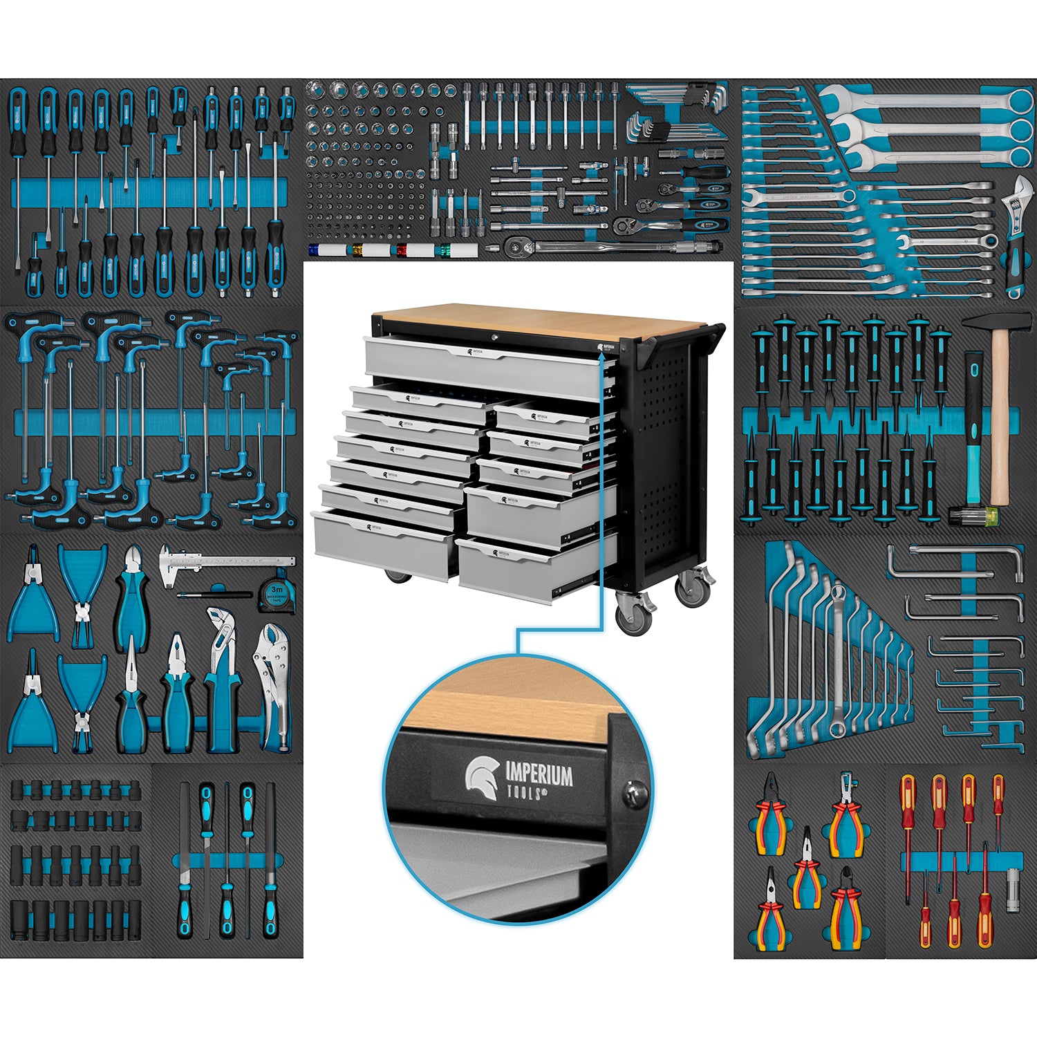Komplettansicht eines bestückten Werkstattwagens von Imperium Tools mit geöffneten Schubladen in der Mitte und umliegenden Schaumstoffeinlagen mit verschiedensten Werkzeugsätzen, darunter Schraubendreher, Steckschlüssel, Maulschlüssel, Zangen und Hämmer