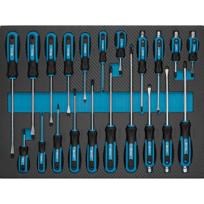 Sortiertes Schraubendreher-Set mit ergonomischen Griffen in passgenauer Schaumstoffeinlage, bestehend aus verschiedenen Schlitz- und Kreuzschlitzschraubendrehern