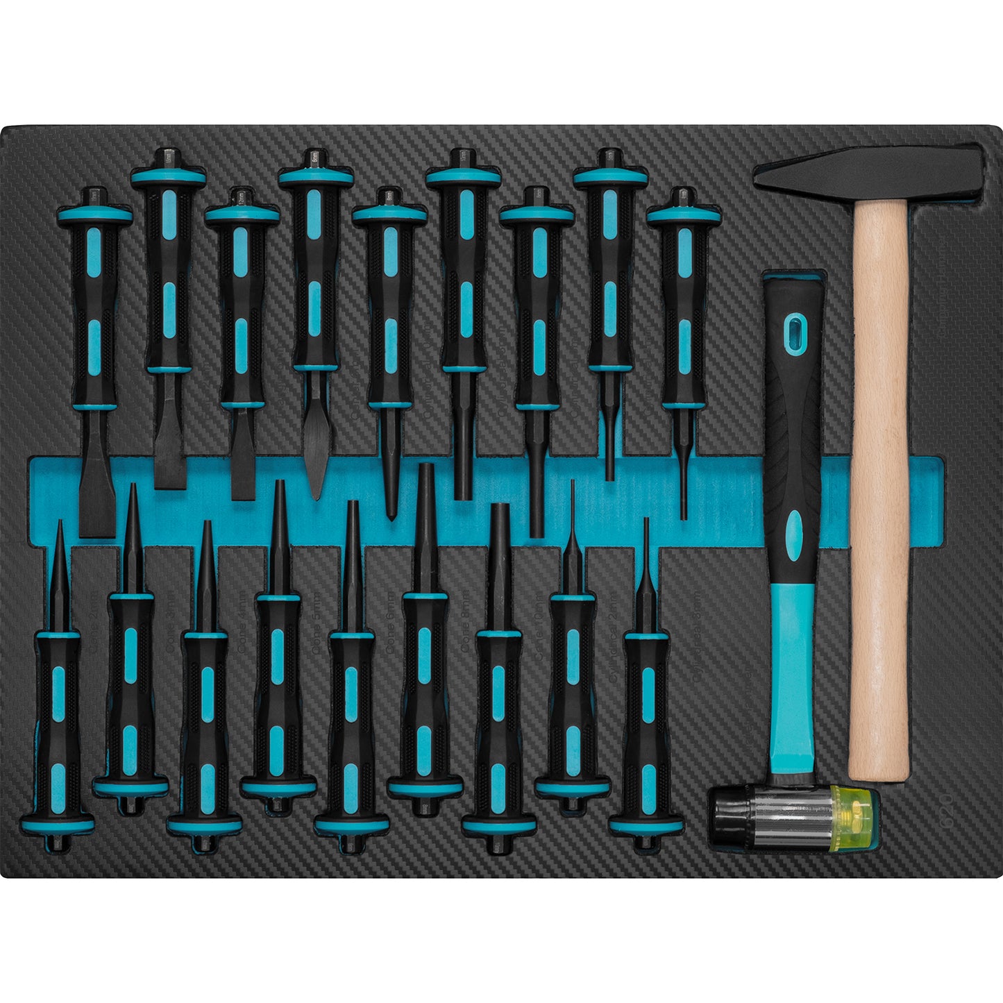 Meißel- und Körnerset mit Hammer und Schonhammer, ordentlich sortiert in passgenauer Schaumstoffeinlage