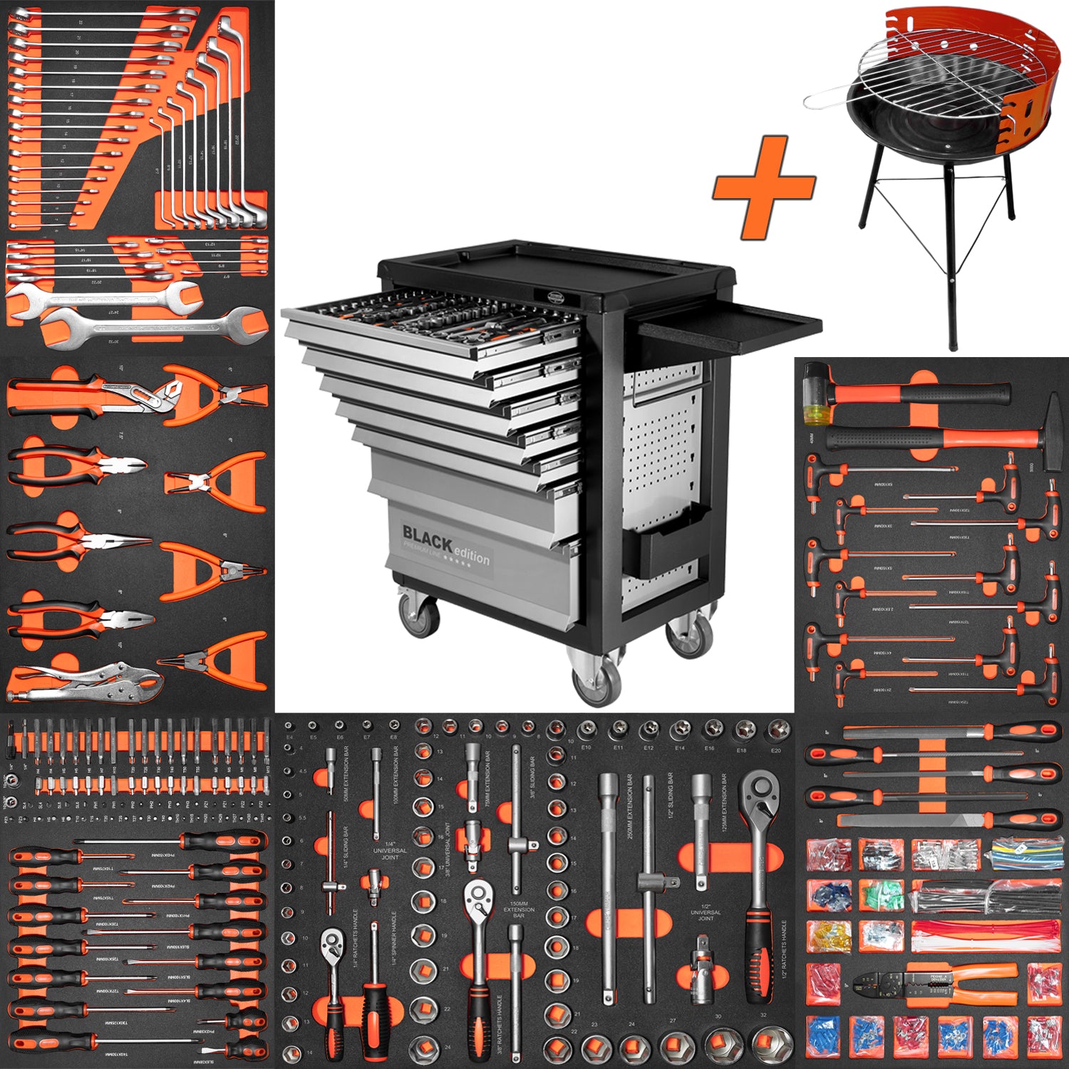 Werkstattwagen der BLACK edition mit geöffneten Schubladen, umgeben von sechs Werkzeugmodulen in schwarzer Schaumstoffeinlage mit orangenen Werkzeuggriffen. Oben rechts ist ein kleiner runder Holzkohlegrill mit Gitteraufsatz und Dreibein abgebildet