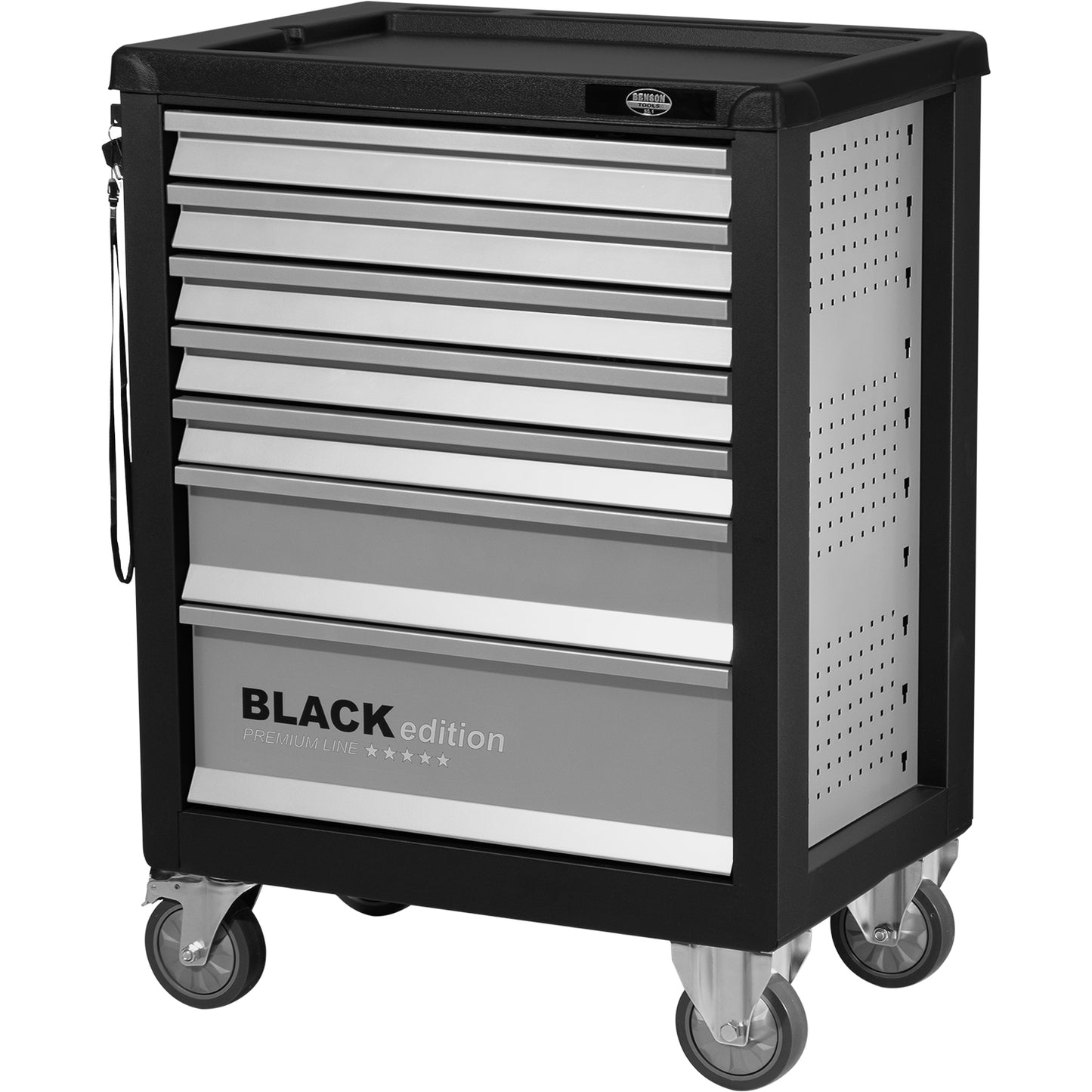 eitenansicht eines geschlossenen BLACK edition Werkstattwagens mit neun Schubladen. Der Wagen steht auf vier Rollen und zeigt eine gelochte Seitenwand mit eingehängtem Schloss und Schlüsselband