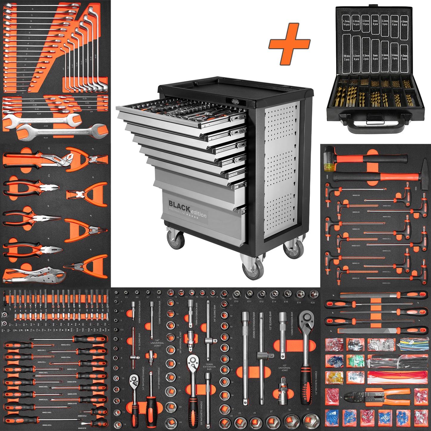 Werkstattwagen der BLACK edition mit geöffneten Schubladen, umgeben von sechs Werkzeugmodulen in schwarzer Schaumstoffeinlage mit orangenen Werkzeuggriffen. Oben rechts ist zusätzlich ein Bohrer-Set in schwarzem Koffer
