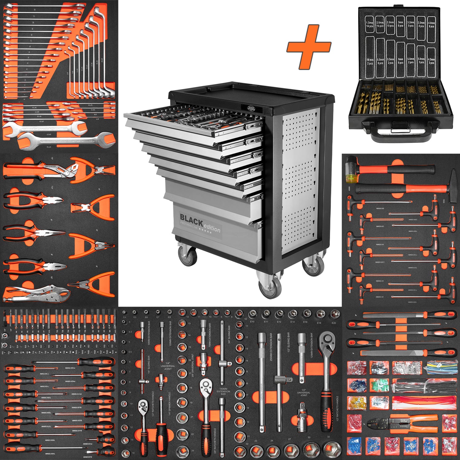 Werkstattwagen der BLACK edition mit geöffneten Schubladen, umgeben von sechs Werkzeugmodulen in schwarzer Schaumstoffeinlage mit orangenen Werkzeuggriffen. Oben rechts ist zusätzlich ein Bohrer-Set in schwarzem Koffer