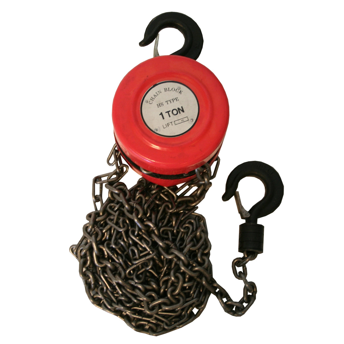 Roter Kettenzug mit rundem Gehäuse, silberfarbenem Typenschild mit der Aufschrift „1 TON“, zwei schwarzen Lasthaken mit Sicherungsbügeln und mehreren dunkelgrauen Stahlketten, die unterhalb des Gehäuses zusammenliegen.