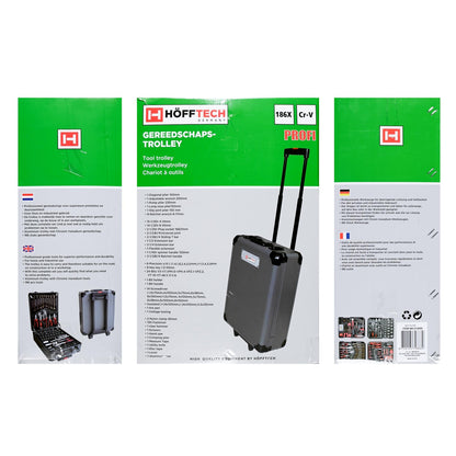 Drei Ansichten einer grün-weiß gestalteten HÖFFTECH-Verpackung für einen 186-teiligen Werkzeug-Trolley mit Produktabbildungen, ausgezogenem Teleskopgriff, Werkzeugliste, mehrsprachigen Beschreibungen und technischen Angaben.