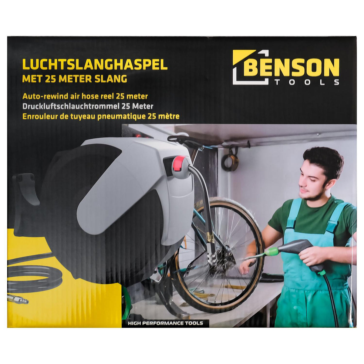 Schwarz-gelbe Produktverpackung eines Druckluft-Schlauchaufrollers mit der Aufschrift „Benson Tools“, Abbildung einer grauschwarzen Schlauchtrommel und einer Person beim Reinigen eines Fahrrads.