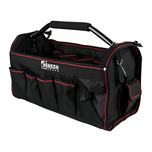 Schwarze Werkzeugtasche mit roter Naht und Griff, mehreren Außentaschen und „Benson Tools“-Logo auf der Vorderseite.