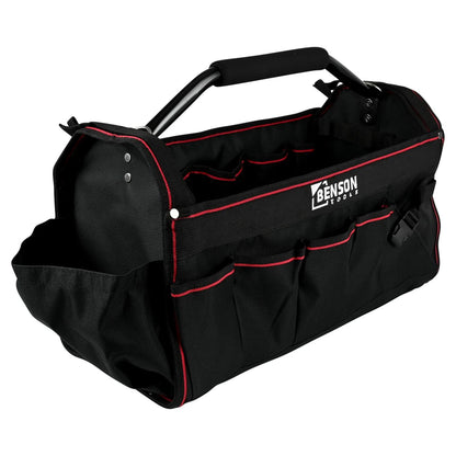 Seitenansicht einer schwarzen Werkzeugtasche mit mehreren Fächern und Außentaschen, sichtbarem Griff und Markenaufdruck „Benson Tools“.