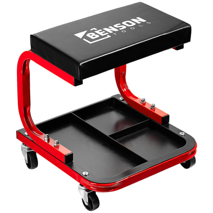 Werkstatthocker in schräger Seitenansicht, mit schwarzer Sitzfläche, rotem Gestell und vier Rollen, darunter ein geteiltes Ablagefach.