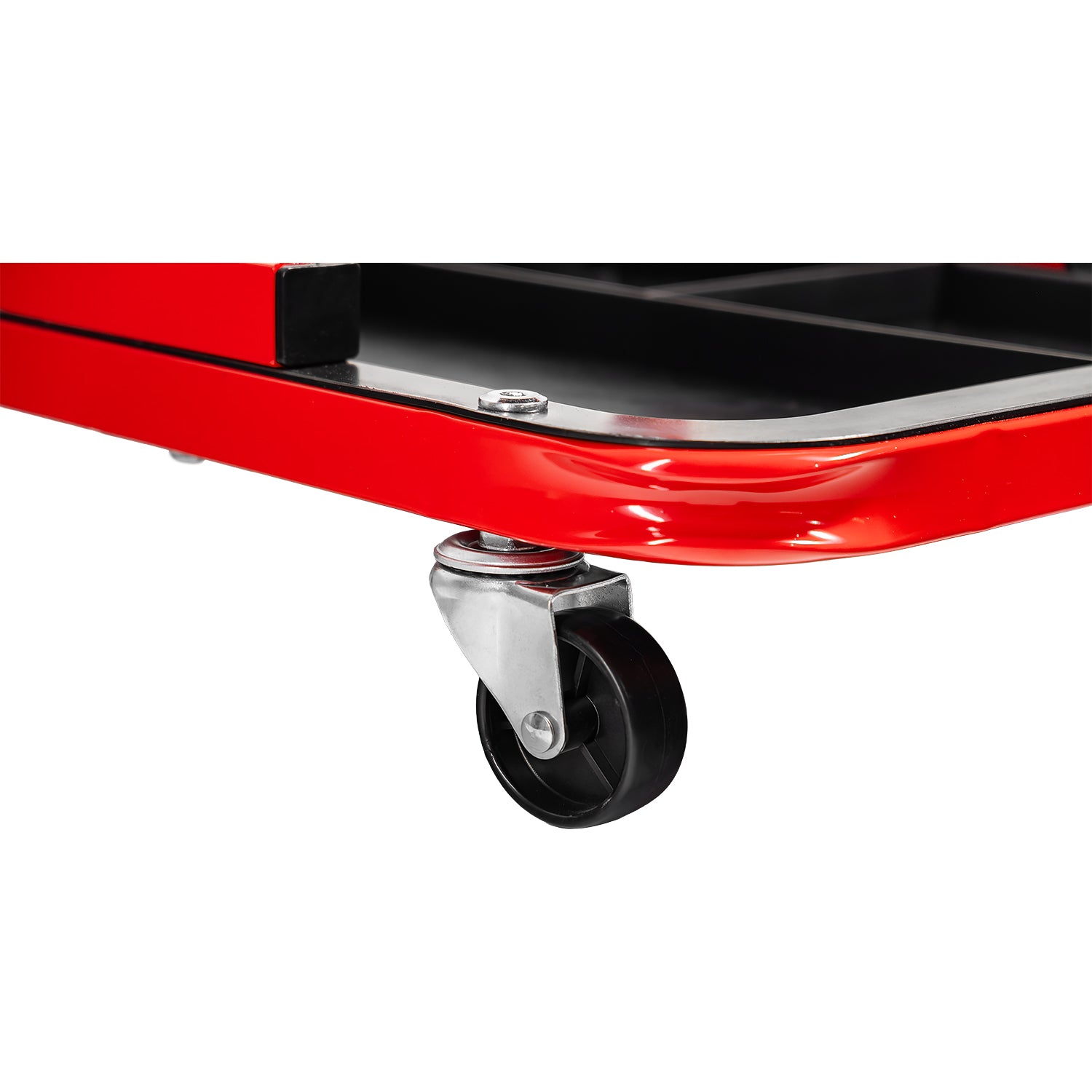 Detailaufnahme einer schwarzen Lenkrolle am roten Metallrahmen des Werkstatthockers mit sichtbarer Verschraubung.