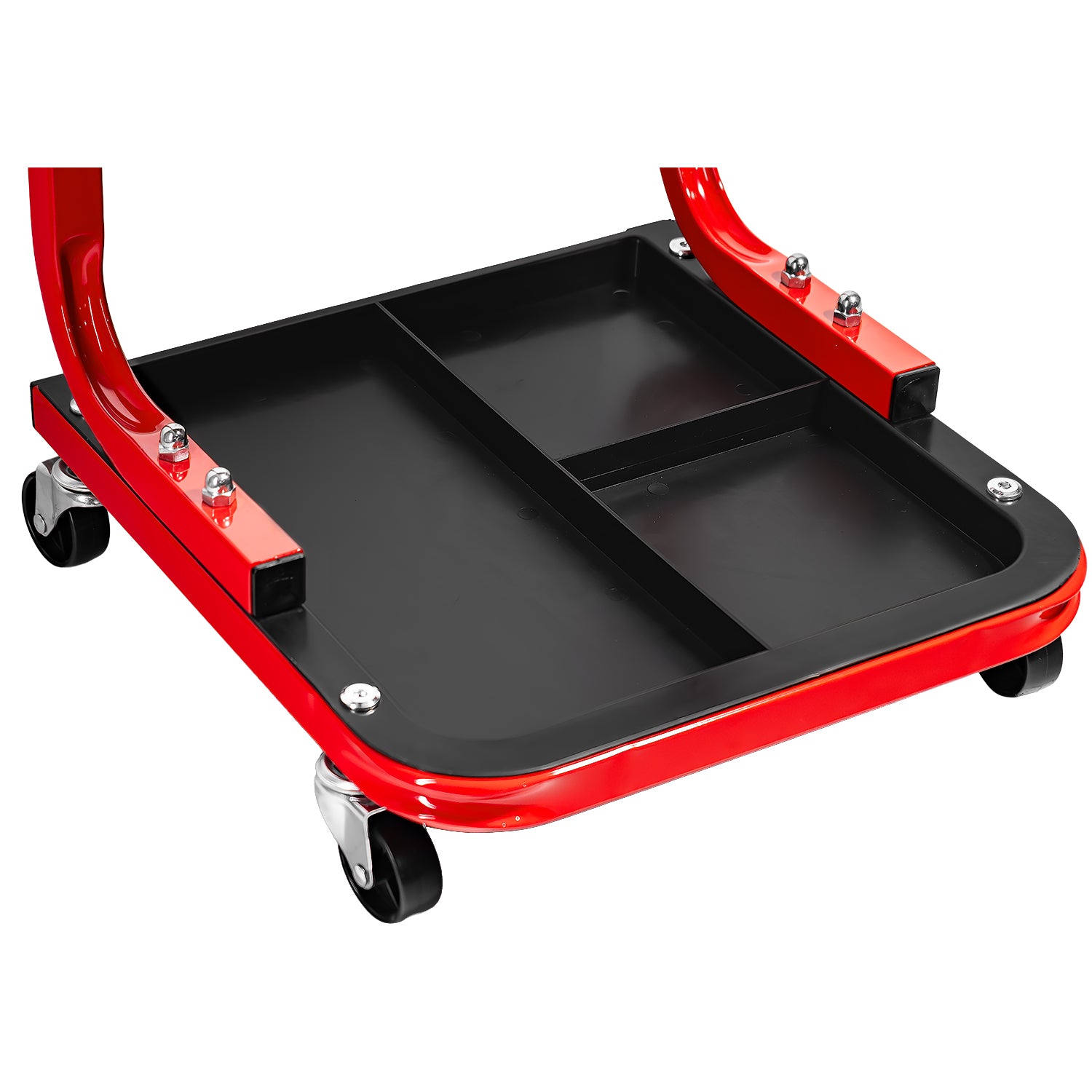 Unterer Ablagebereich des Werkstatthockers mit rotem Rahmen und schwarzer Kunststoffablage mit drei getrennten Fächern.