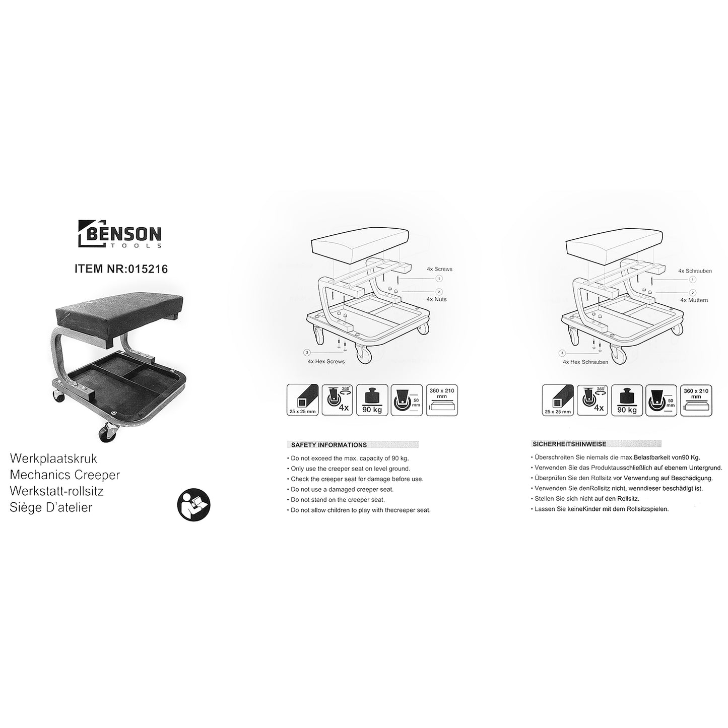 Bedienungsanleitung mit Abbildung und technischen Angaben des Werkstatthockers, einschließlich Montageanleitung und Sicherheitshinweisen in mehreren Sprachen.