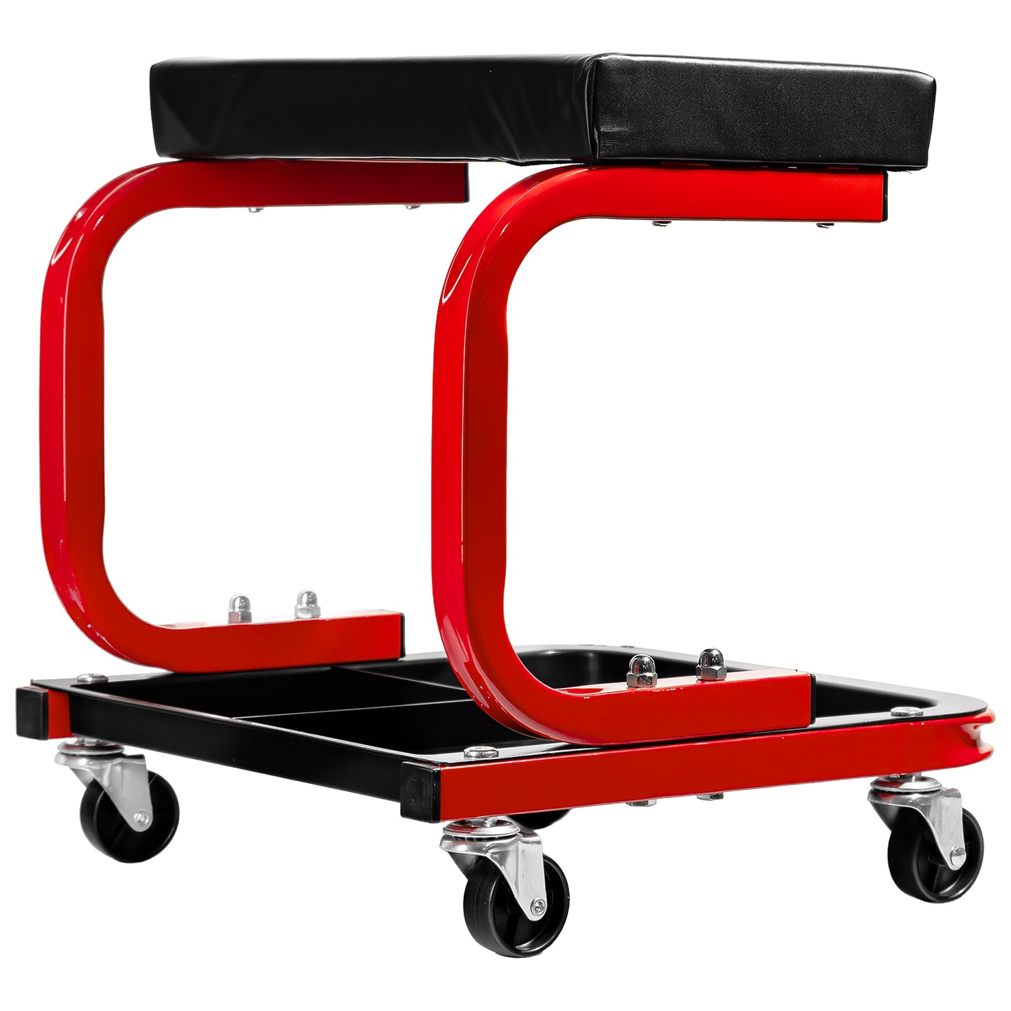 Werkstatthocker in seitlicher Schrägansicht mit schwarzer Sitzfläche, rotem Gestell und schwarzem Ablagefach auf Rollen.