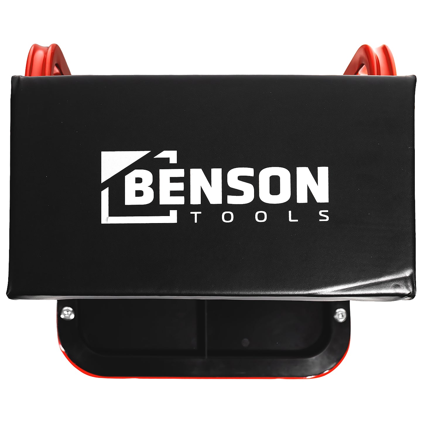 Obere Ansicht des Werkstatthockers mit schwarzer Sitzfläche und weißem „BENSON TOOLS“-Logo in der Mitte.