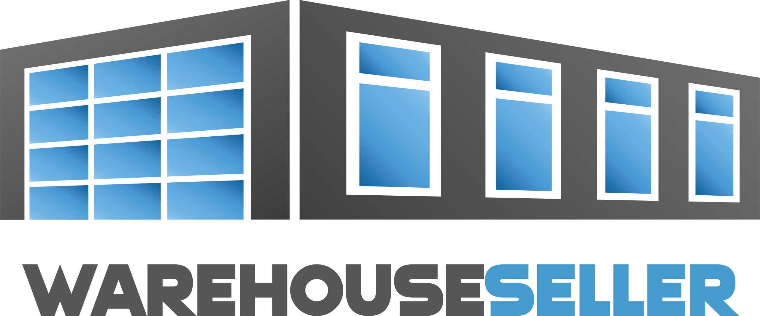 Logo von Warehouseseller: Darstellung eines stilisierten Lagergebäudes mit großen blauen Fenstern, perspektivisch nach rechts ausgerichtet. Unter dem Gebäude steht in Großbuchstaben der Schriftzug ‚WAREHOUSESELLER‘ – ‚WAREHOUSE‘ in dunklem Grau, ‚SELLER‘ in Hellblau.